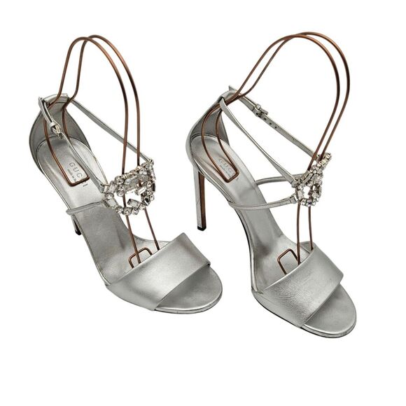 Gucci Crystal GG High Heel Sandal Size 39.5 US 9.5 Silver Leather Strappy - Picture 1 of 12